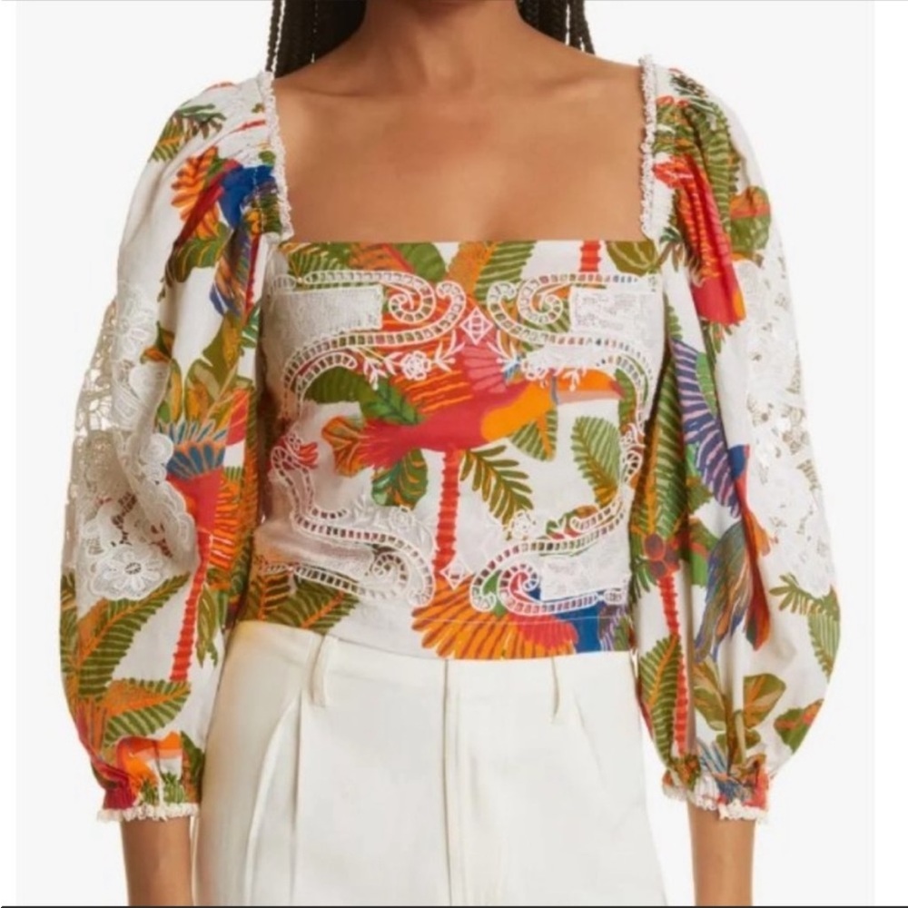 Farm Rio Forest Birds Smocked Lace Square Neck Crop Top Size Medium Size NWT